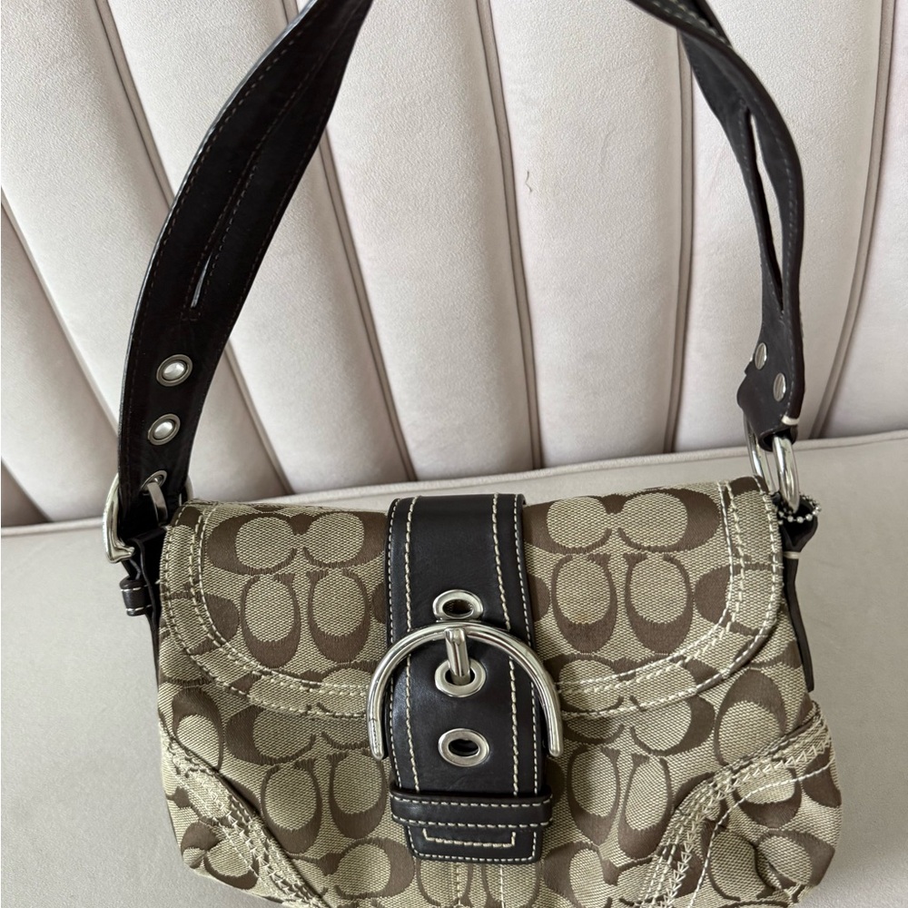 Coach Brown and Black Shoulder Bag with Monogram Design